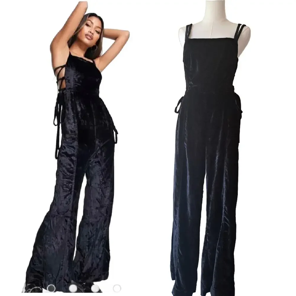 FREE PEOPLE Black Crushed Velvet 90s Forever Lace Up Jumpsuit Wide Leg Small